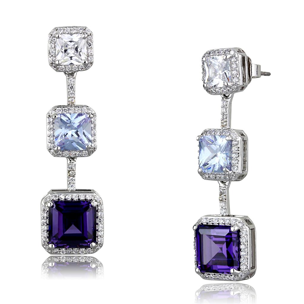 Rhodium Brass Earrings with AAA Grade CZ in Amethyst