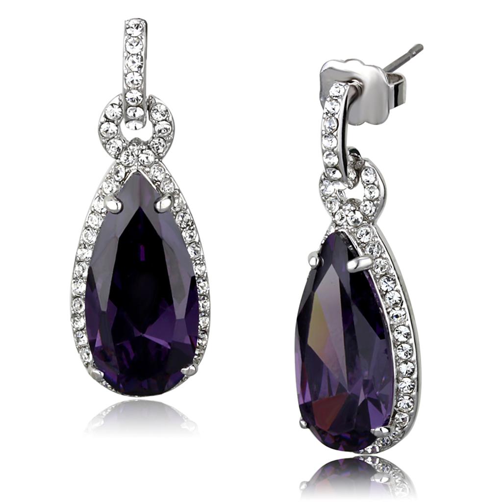 Rhodium Brass Earrings with AAA Grade CZ in Amethyst