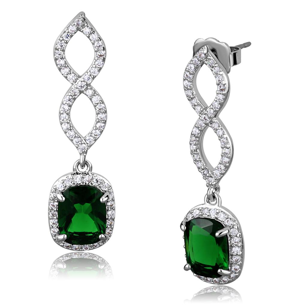 Rhodium Brass Earrings with Synthetic Synthetic Glass in Emerald