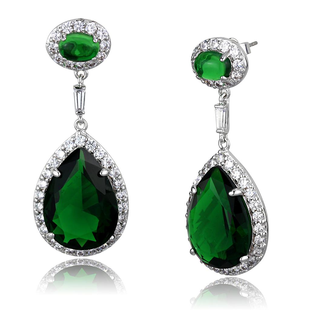 Rhodium Brass Earrings with Synthetic Synthetic Glass in Emerald
