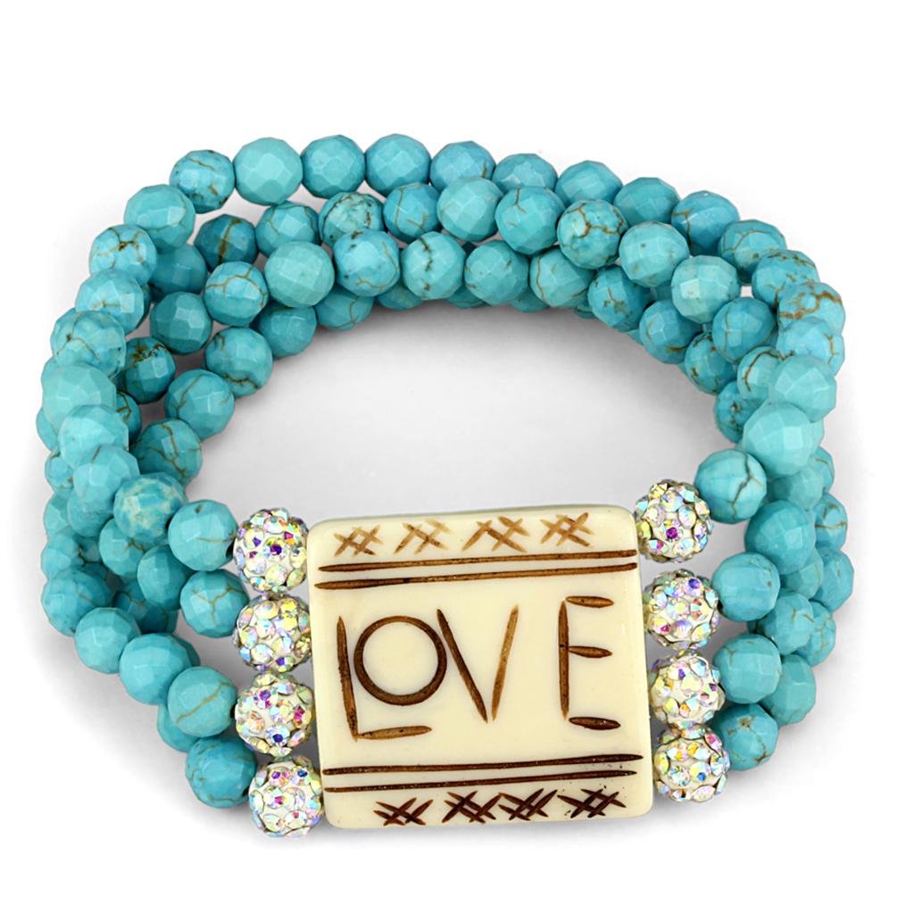 No Plating Brass Bracelet with Synthetic Glass Bead in Sea Blue