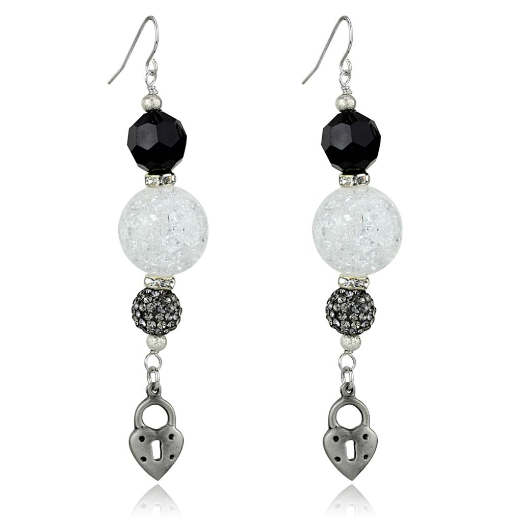 Antique Silver White Metal Earrings with Synthetic Synthetic Glass in Jet