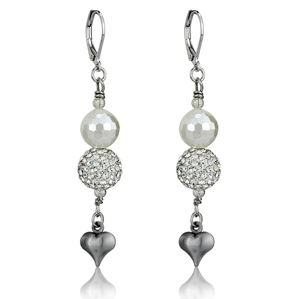 Antique Silver White Metal Earrings with Synthetic Glass Bead in White
