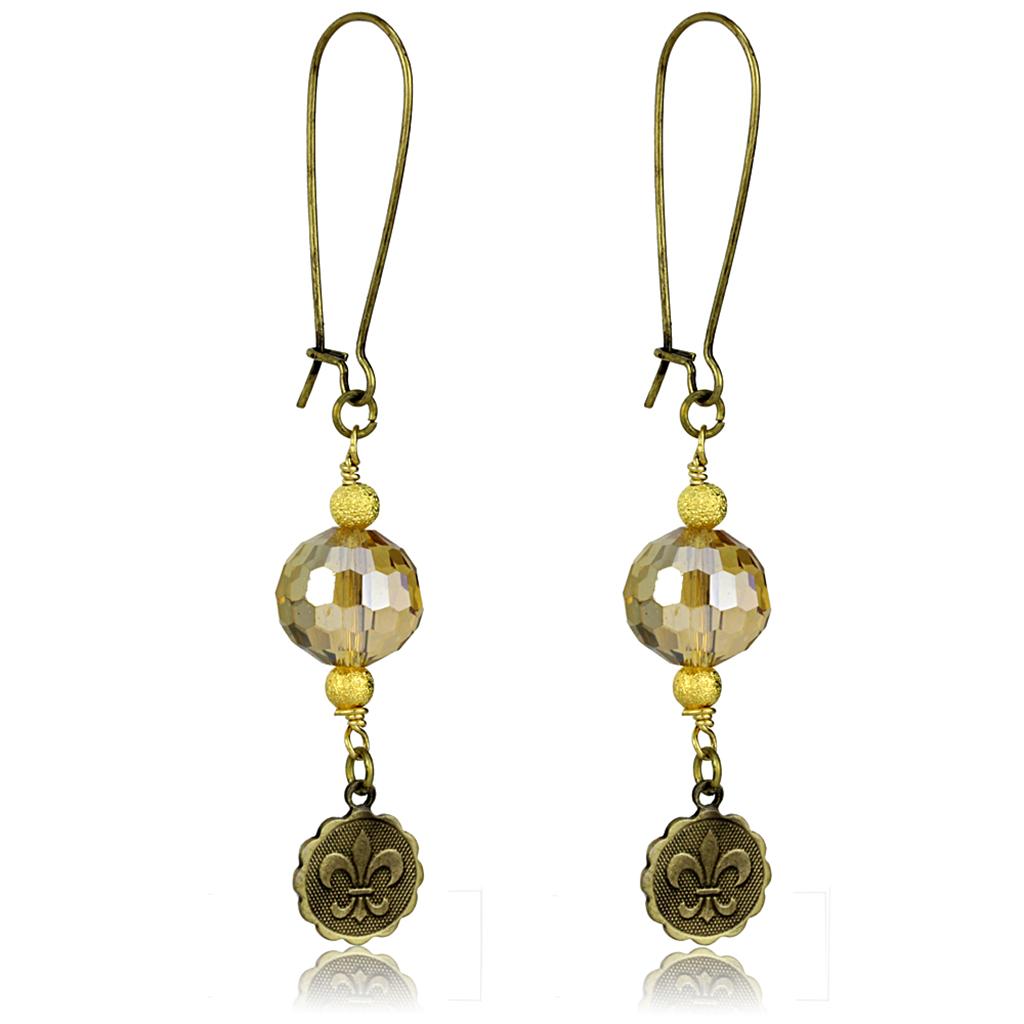 Antique Copper White Metal Earrings with Synthetic Glass Bead in Champagne