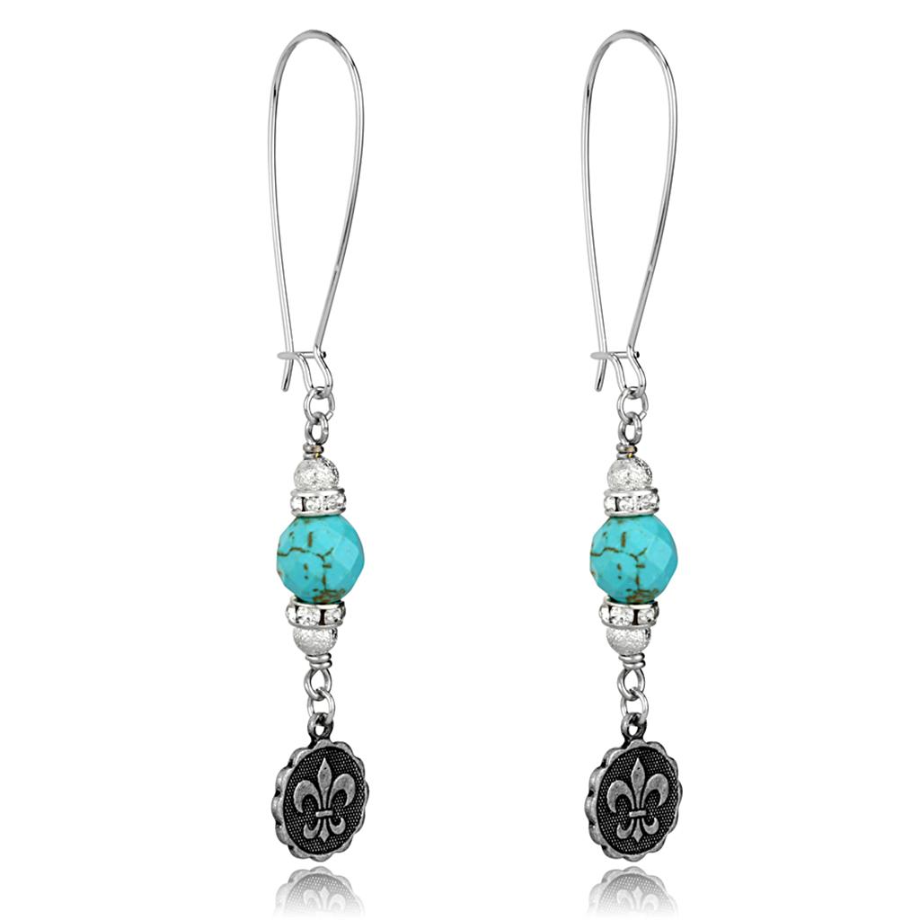Antique Silver White Metal Earrings with Synthetic Turquoise in Turquoise