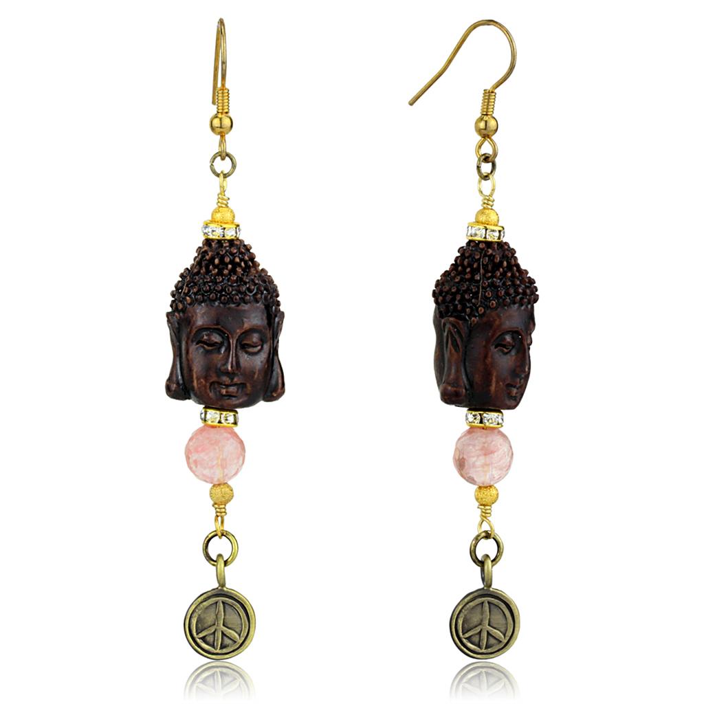 Antique Copper White Metal Earrings with Synthetic Glass Bead in Rose