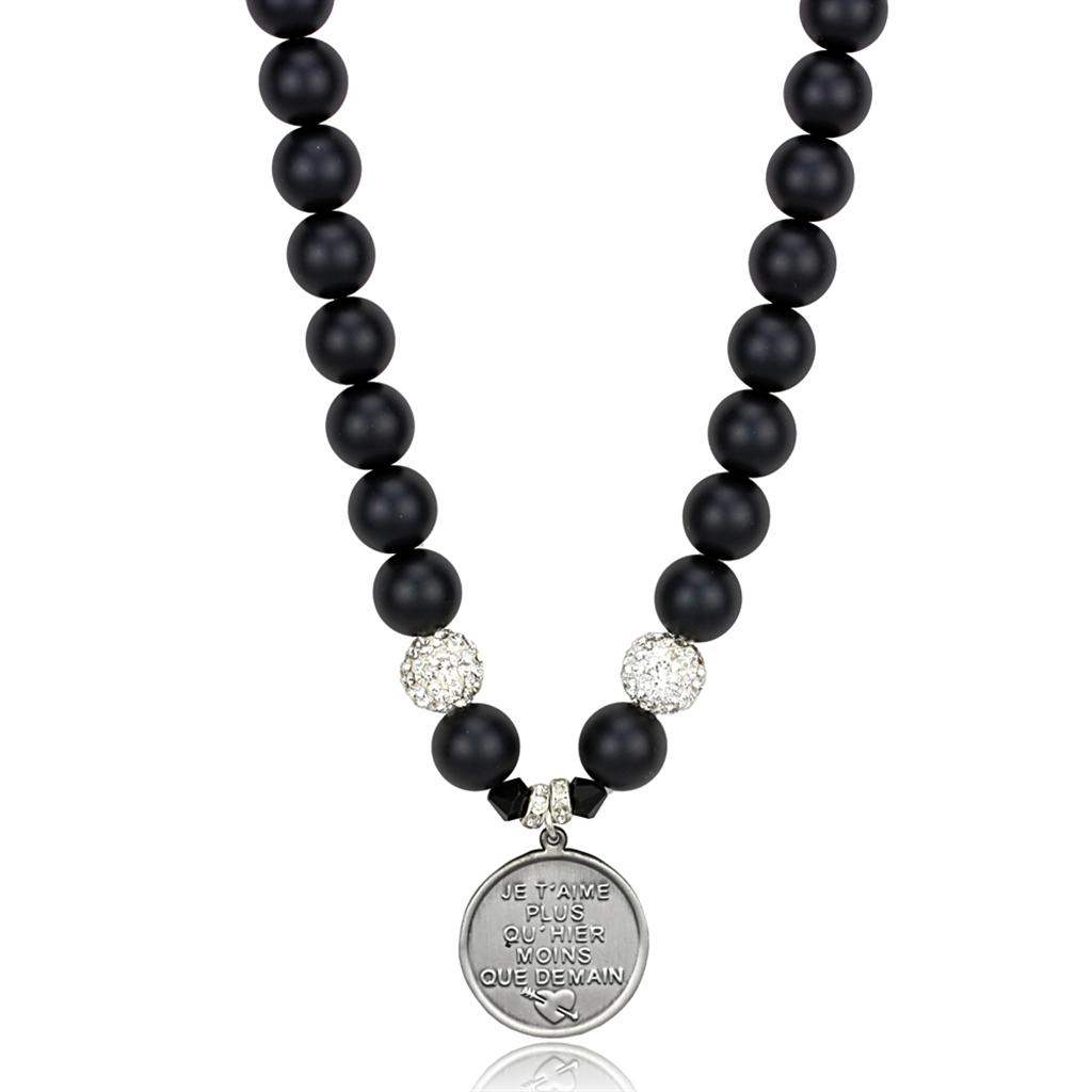 Antique Silver White Metal Necklace with Synthetic Glass Bead in Jet