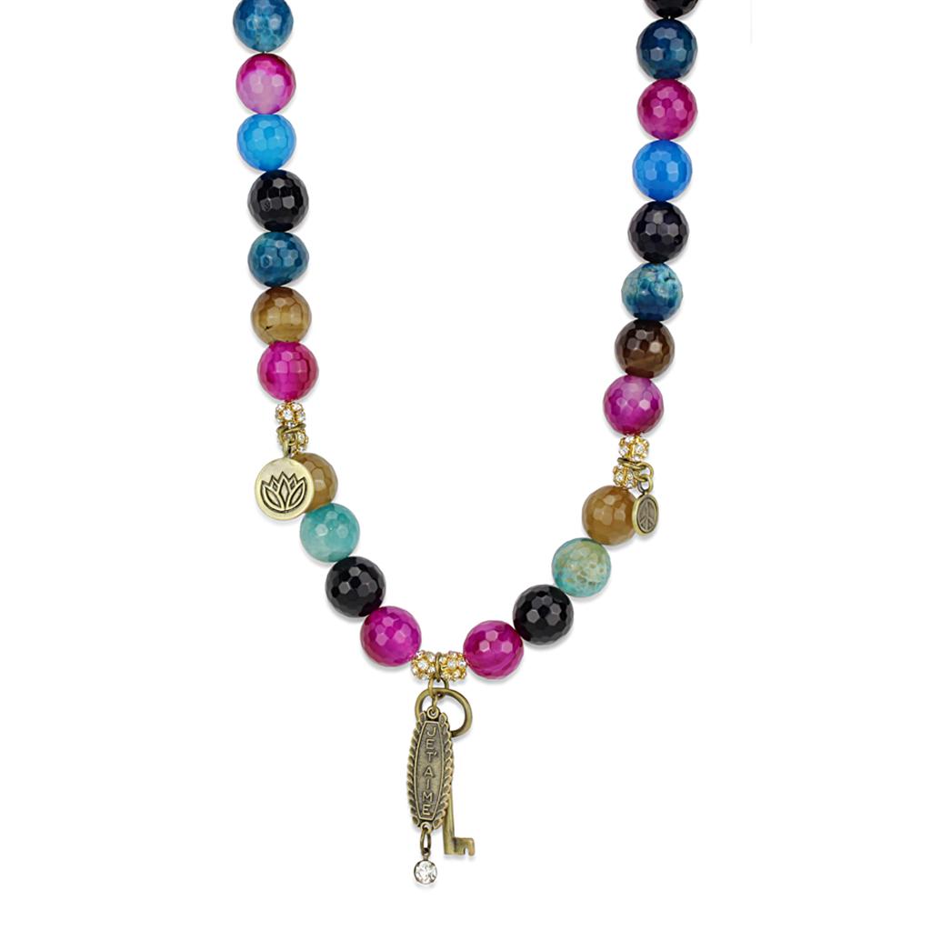 Antique Copper White Metal Necklace with Synthetic Onyx in Multi Color