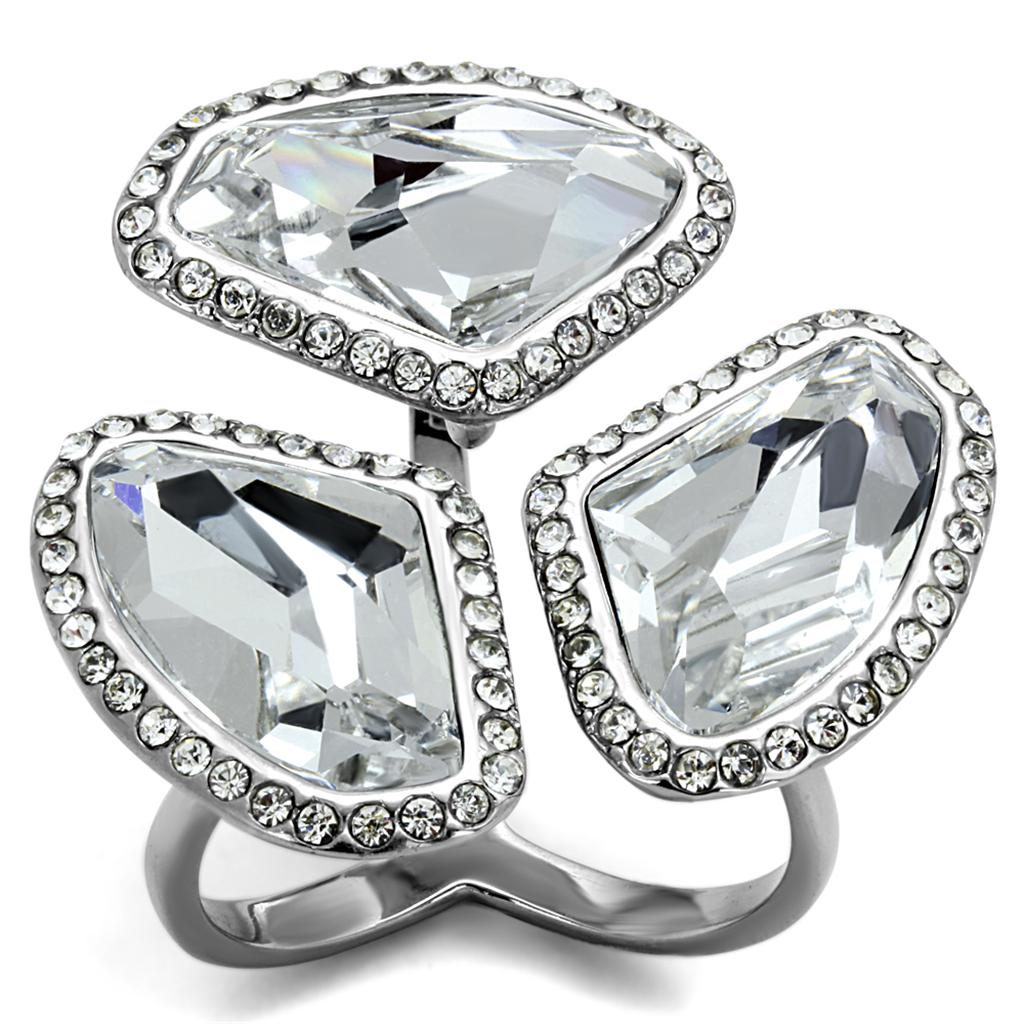 High polished (no plating) Stainless Steel Ring with Top Grade Crystal in Clear