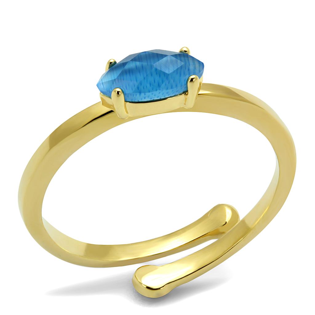 Flash Gold Brass Ring with Synthetic Cat Eye in Capri Blue