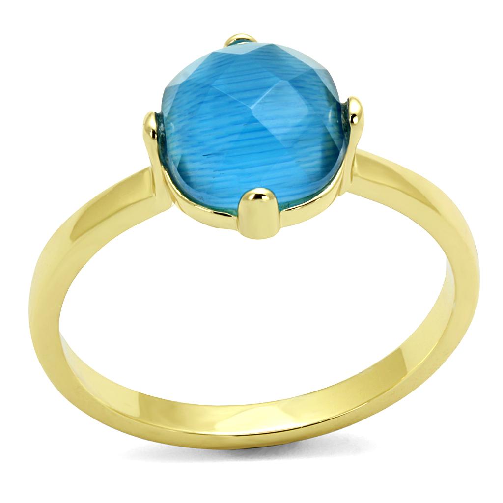 Flash Gold Brass Ring with Synthetic Cat Eye in Capri Blue