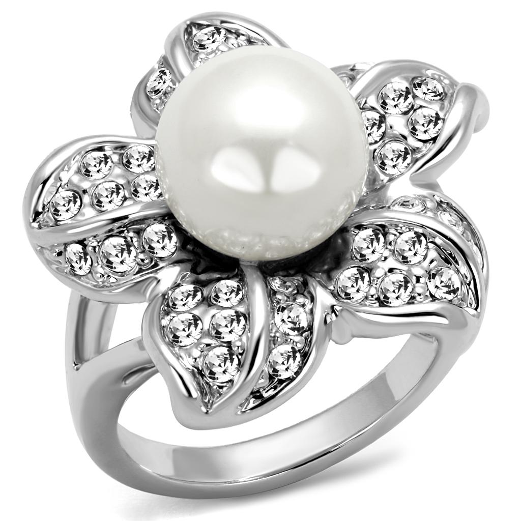Rhodium Brass Ring with Synthetic Pearl in White