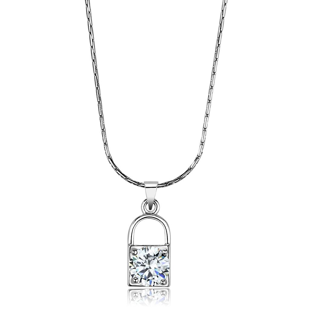 Rhodium Brass Chain Pendant with AAA Grade CZ in Clear