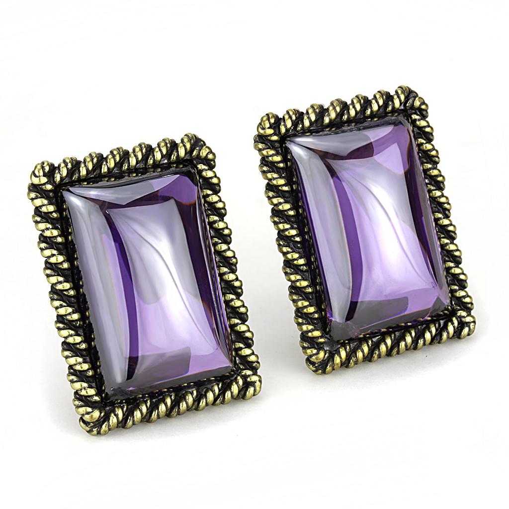 Antique Copper Brass Earrings with AAA Grade CZ in Amethyst