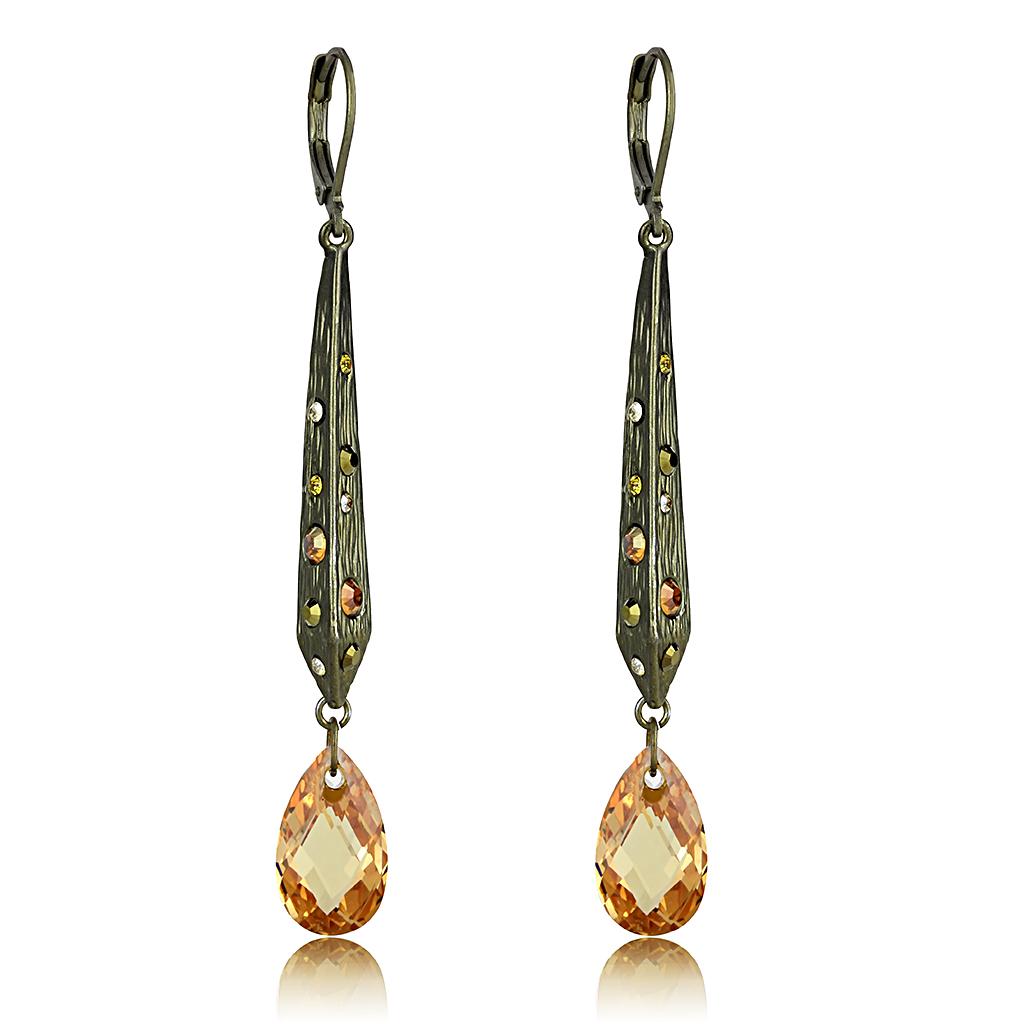 Antique Copper Brass Earrings with Top Grade Crystal in Champagne