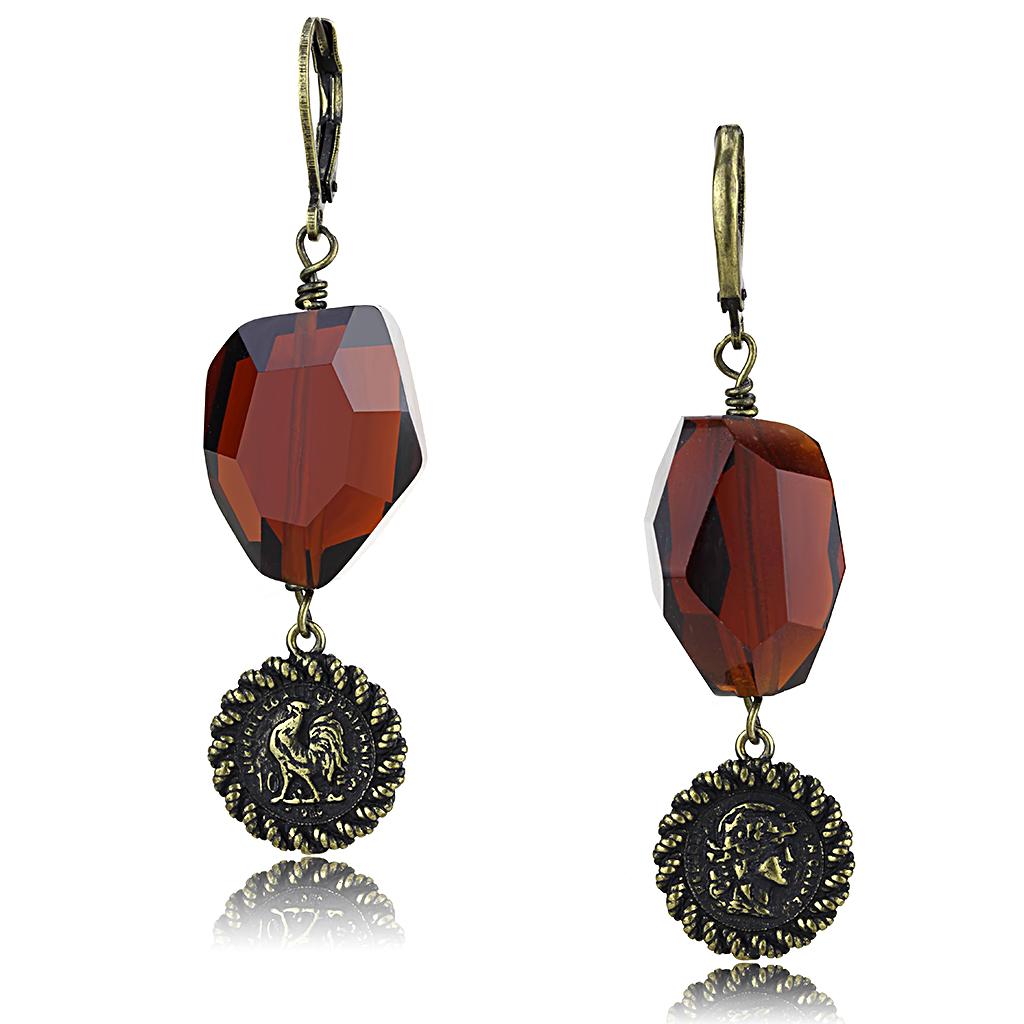 Antique Copper Brass Earrings with Synthetic Synthetic Glass in Garnet
