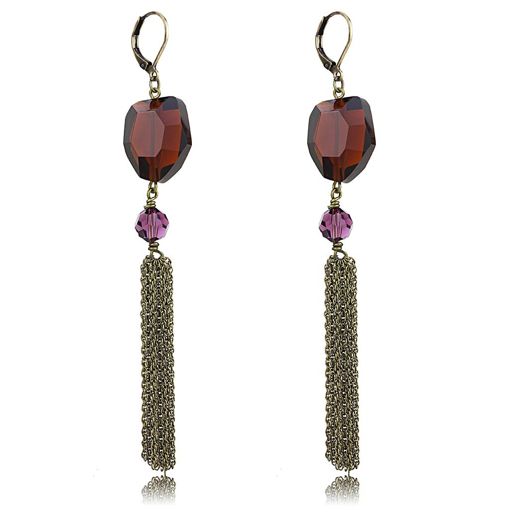 Antique Copper Brass Earrings with Synthetic Synthetic Glass in Garnet