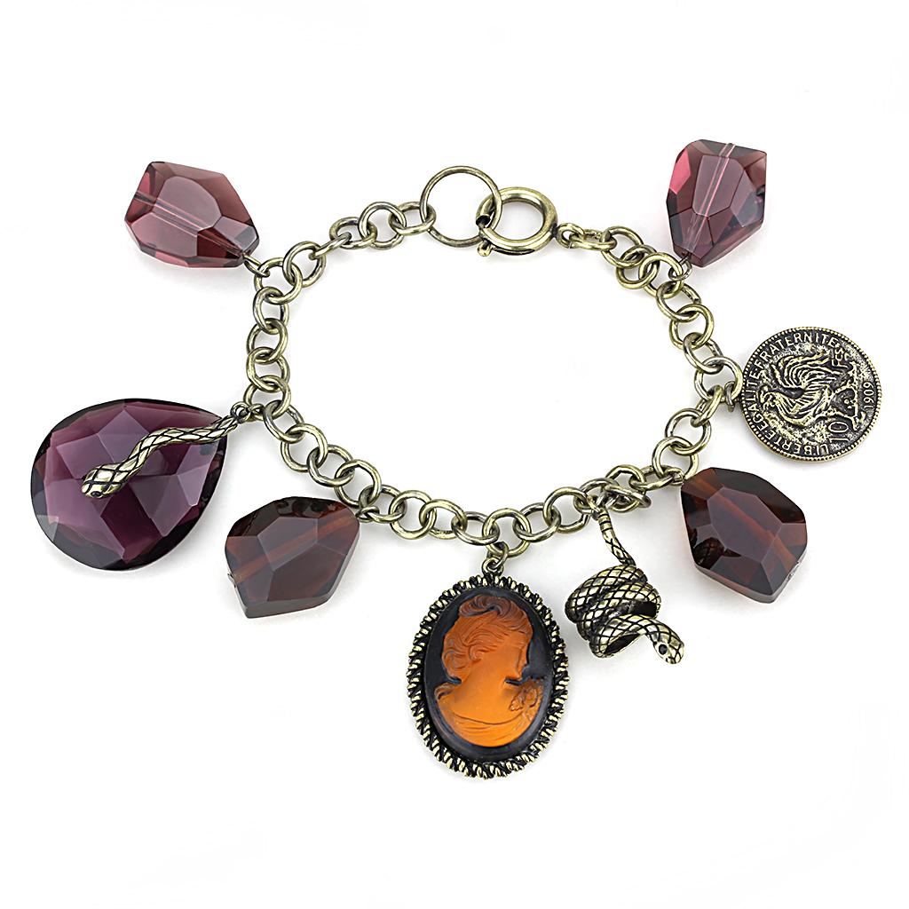 Antique Copper Brass Bracelet with Synthetic Synthetic Glass in Amethyst