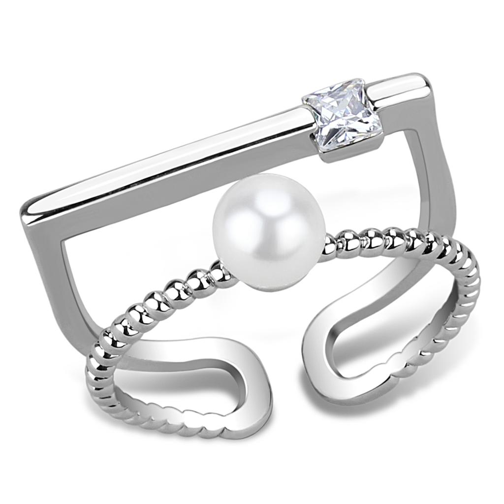 Rhodium Brass Ring with Synthetic Pearl in White