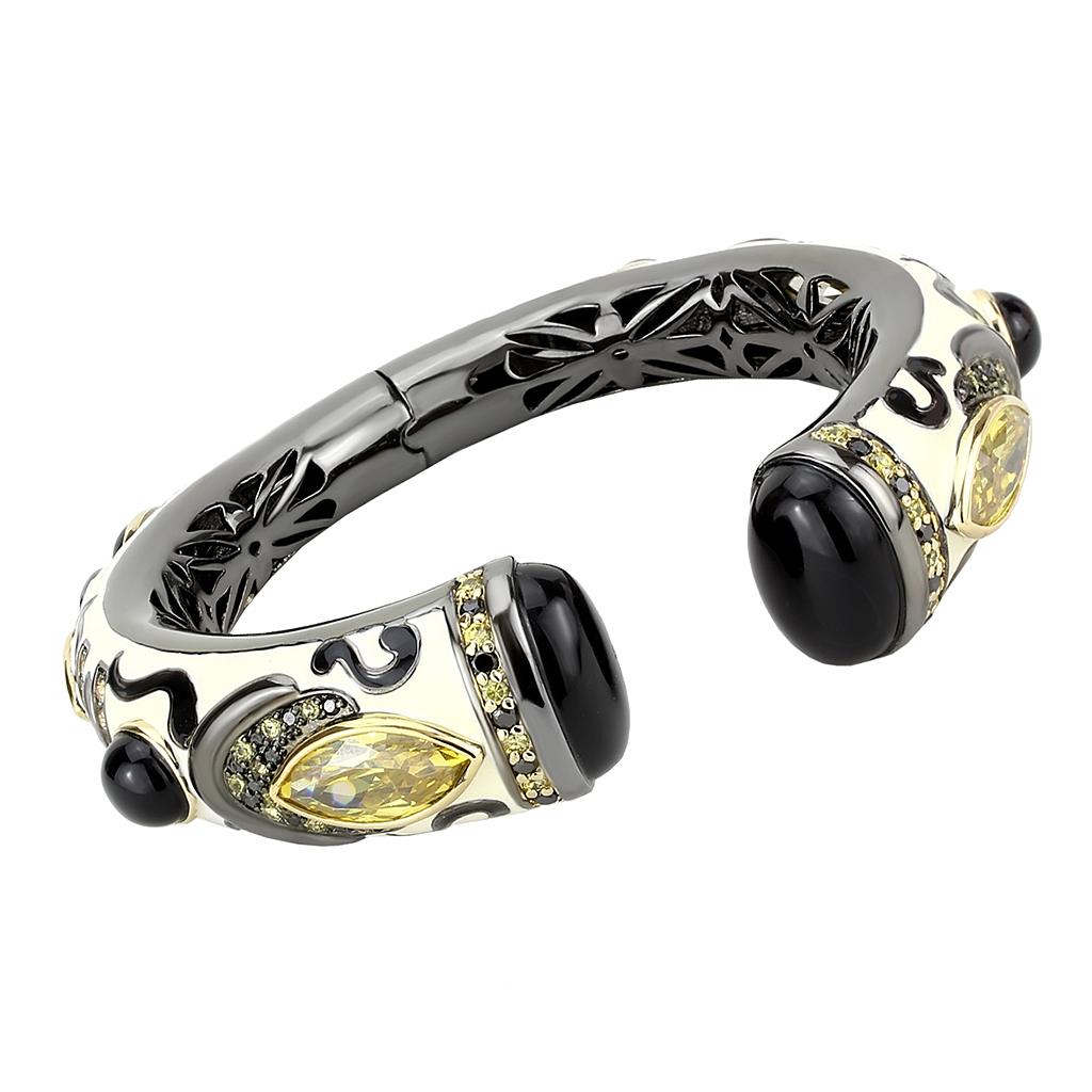 Gold+Hematite Brass Bangle with Synthetic Onyx in Jet
