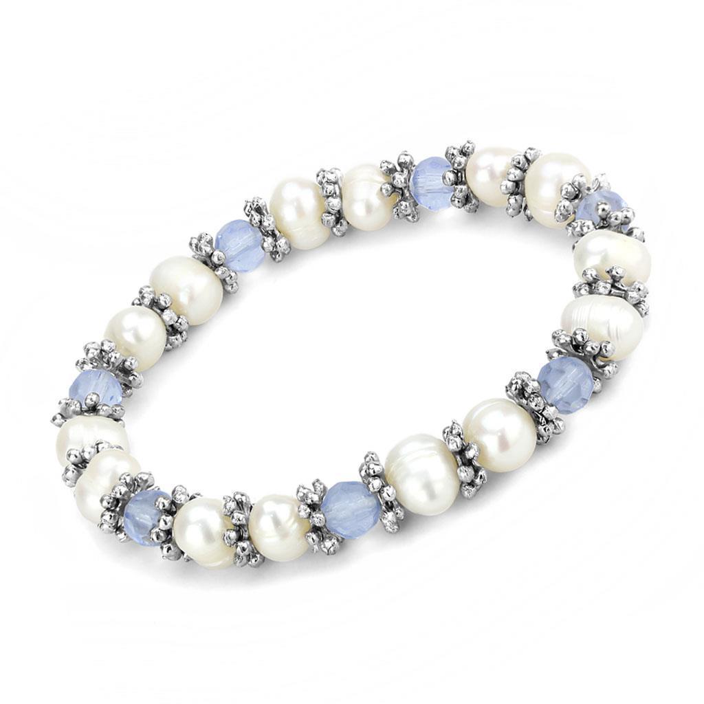 Antique Silver White Metal Bracelet with Synthetic Pearl in Sea Blue