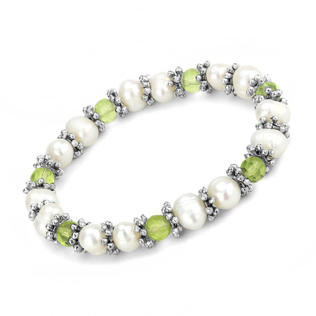 Antique Silver White Metal Bracelet with Synthetic Pearl in Olivine color