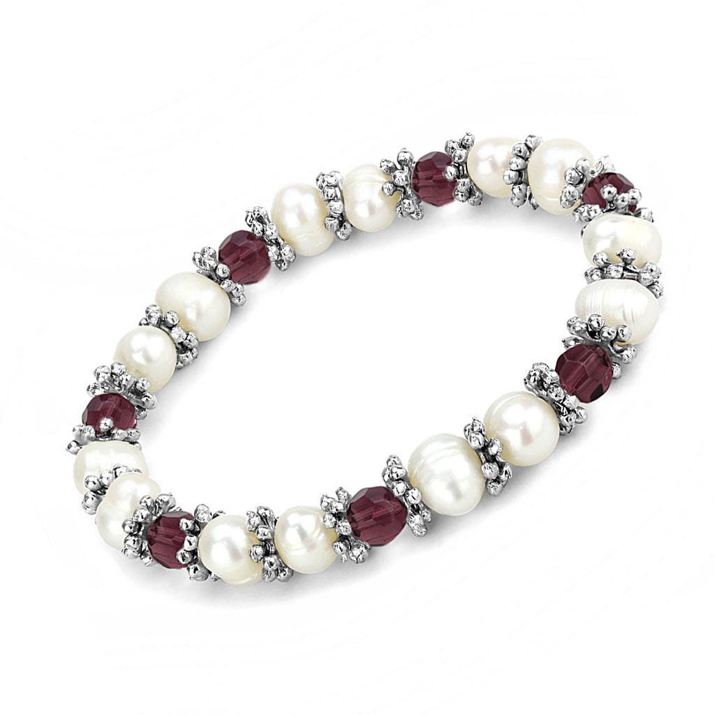 Antique Silver White Metal Bracelet with Synthetic Pearl in Fuchsia