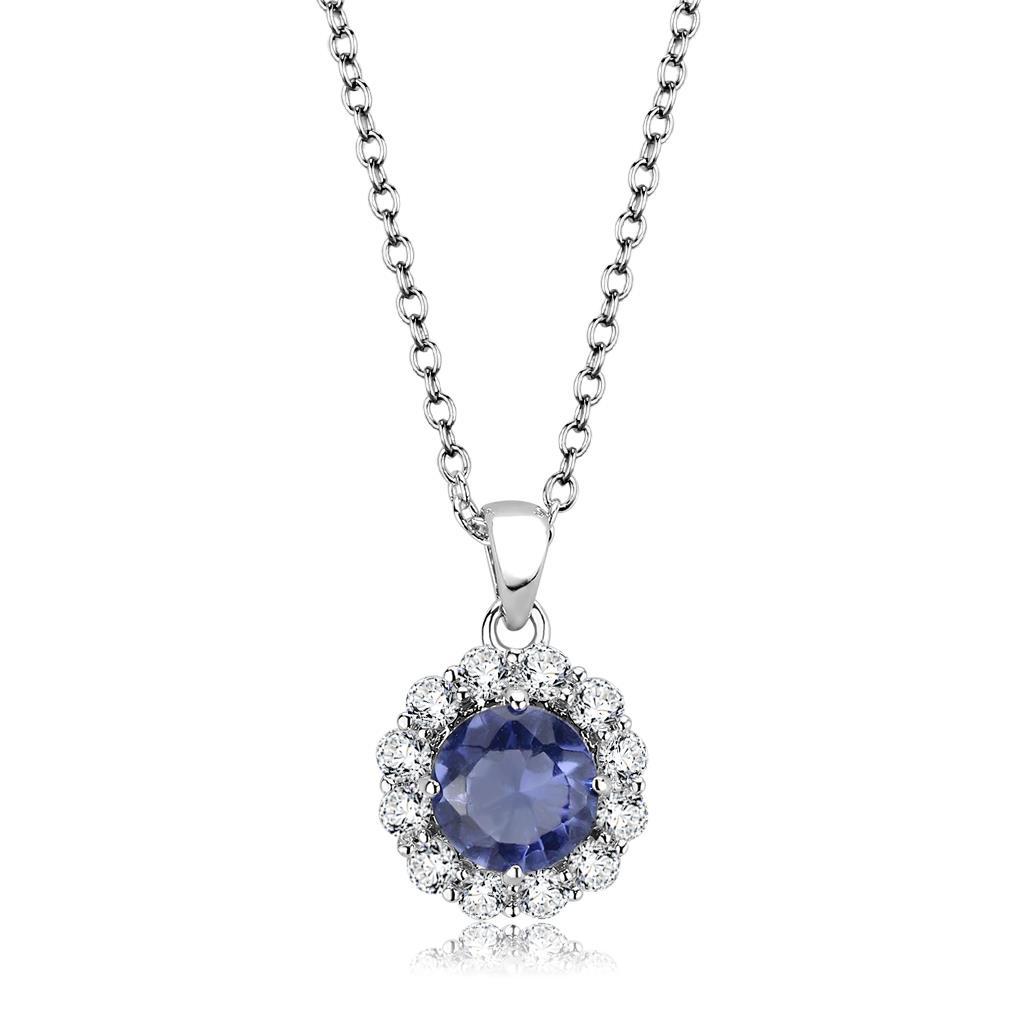 Rhodium Brass Chain Pendant with Synthetic Synthetic Glass in Tanzanite