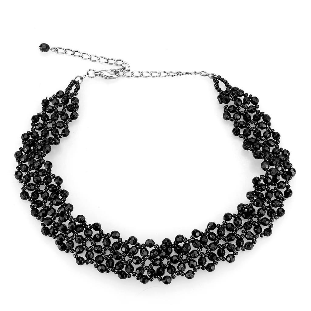 Rhodium Stainless Steel Necklace with Synthetic Synthetic Glass in Jet