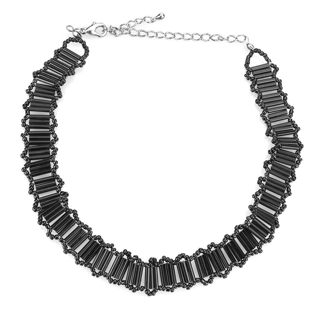 Rhodium White Metal Necklace with Synthetic Synthetic Glass in Jet
