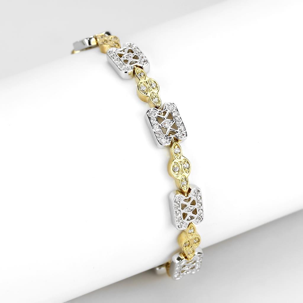 Gold+Rhodium Brass Bracelet with AAA Grade CZ in Clear