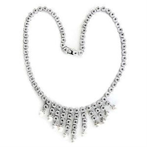 Rhodium 925 Sterling Silver Necklace with Synthetic Pearl in White