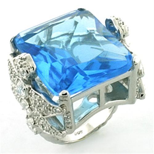 Rhodium 925 Sterling Silver Ring with Synthetic Synthetic Glass in Sea Blue