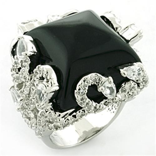 Rhodium Brass Ring with Synthetic Onyx in Jet