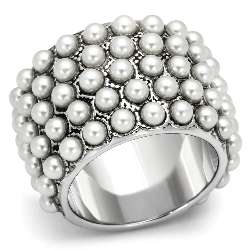 Rhodium Brass Ring with Synthetic Pearl in White