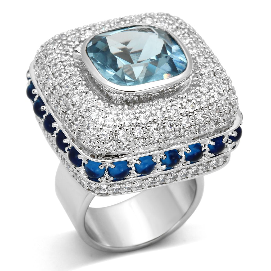 Rhodium Brass Ring with Synthetic Spinel in London Blue