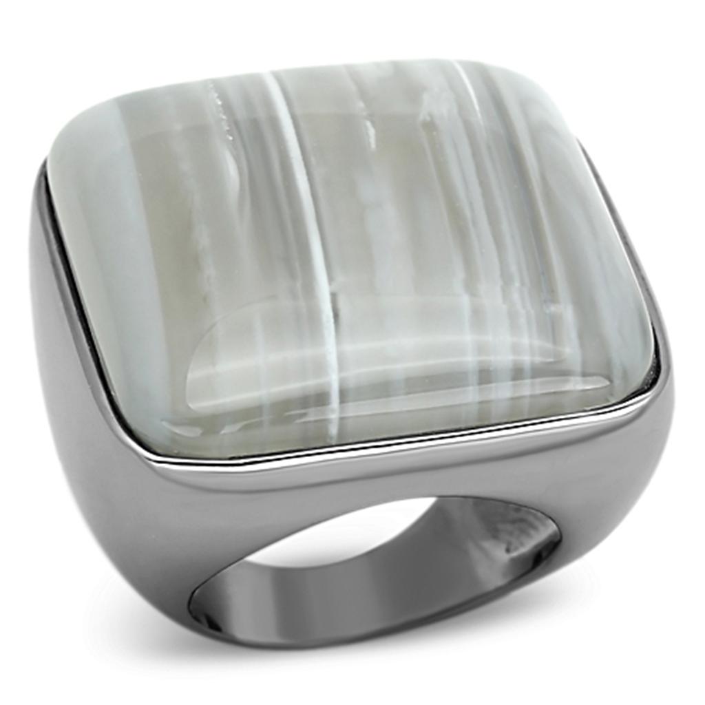 Ruthenium Brass Ring with Semi-Precious Agate in Light Gray