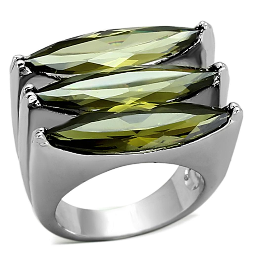 Rhodium Brass Ring with AAA Grade CZ in Olivine color