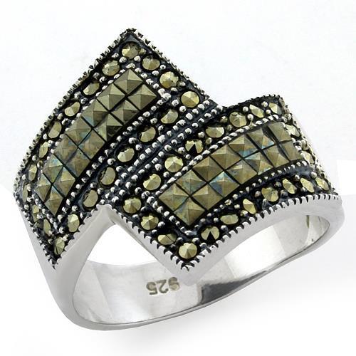 Antique Tone 925 Sterling Silver Ring with Semi-Precious Marcasite in Jet