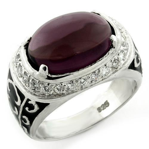 High-Polished 925 Sterling Silver Ring with Synthetic Glass Bead in Amethyst
