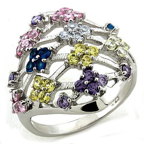 Rhodium 925 Sterling Silver Ring with AAA Grade CZ in Multi Color