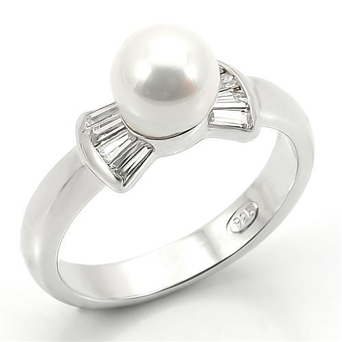 Rhodium 925 Sterling Silver Ring with Synthetic Pearl in White