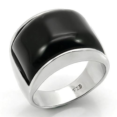 Rhodium 925 Sterling Silver Ring with Synthetic Synthetic Glass in Jet