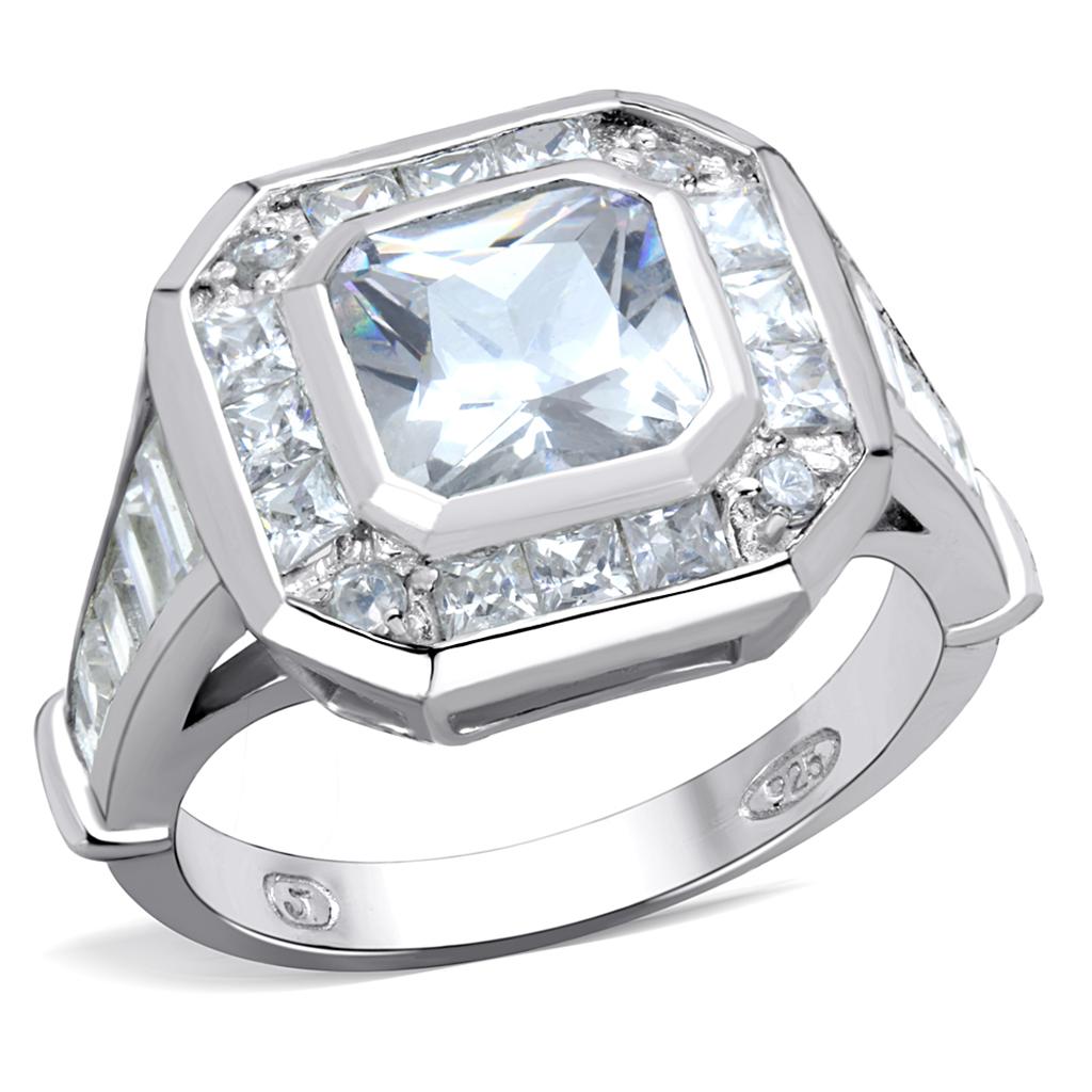 Rhodium 925 Sterling Silver Ring with AAA Grade CZ in Clear