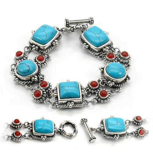 Antique Tone 925 Sterling Silver Bracelet with Semi-Precious Turquoise in Turquoise