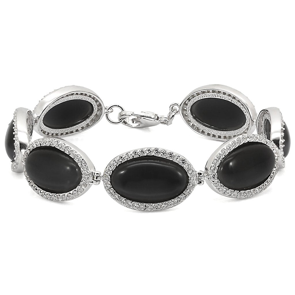 Rhodium 925 Sterling Silver Bracelet with Synthetic Cat Eye in Jet