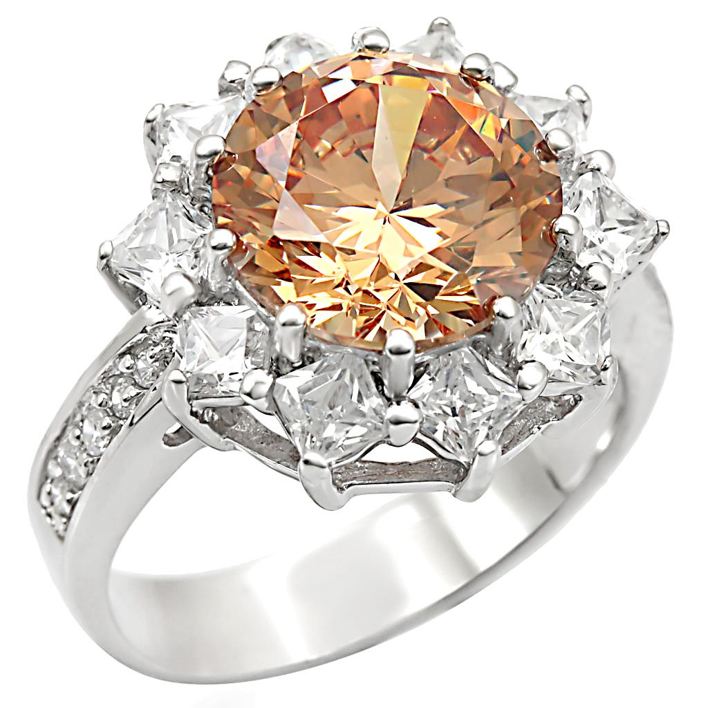 Rhodium 925 Sterling Silver Ring with AAA Grade CZ in Champagne