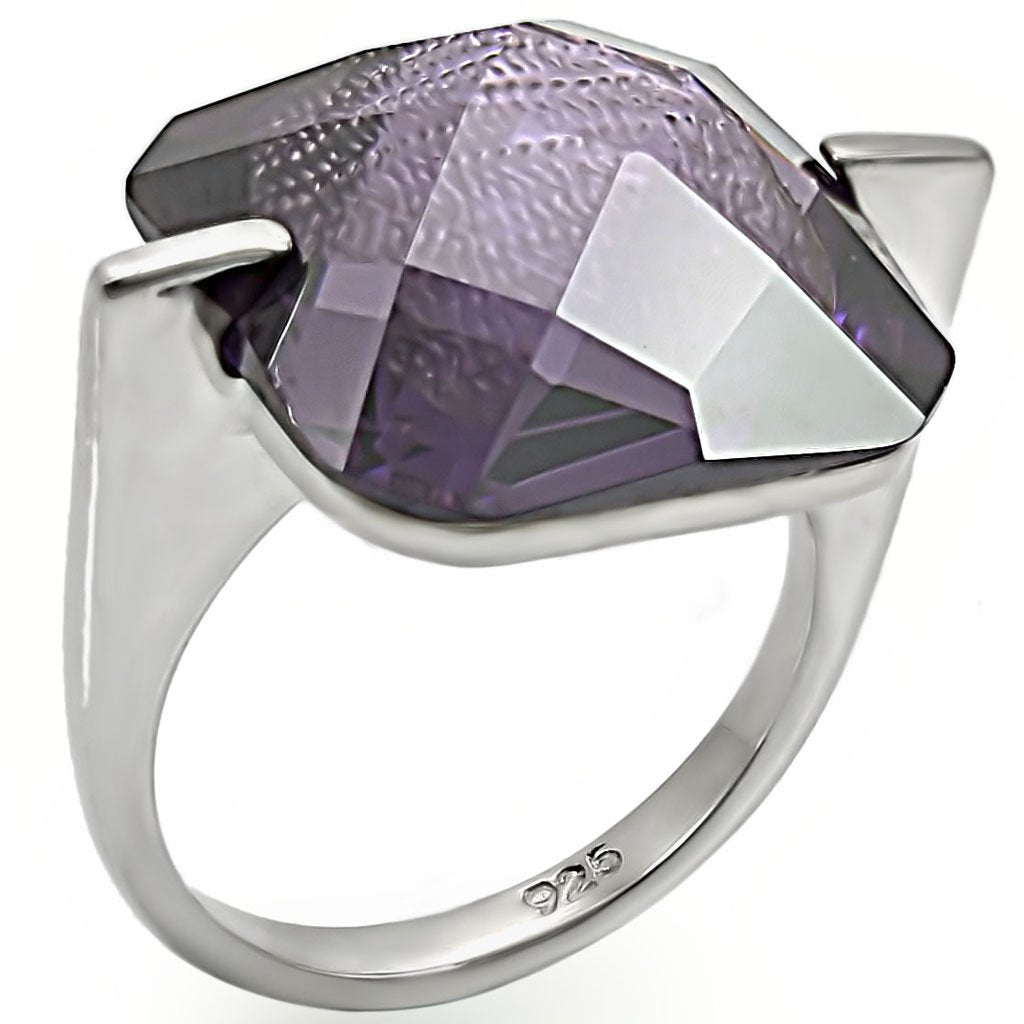 High-Polished 925 Sterling Silver Ring with AAA Grade CZ in Amethyst