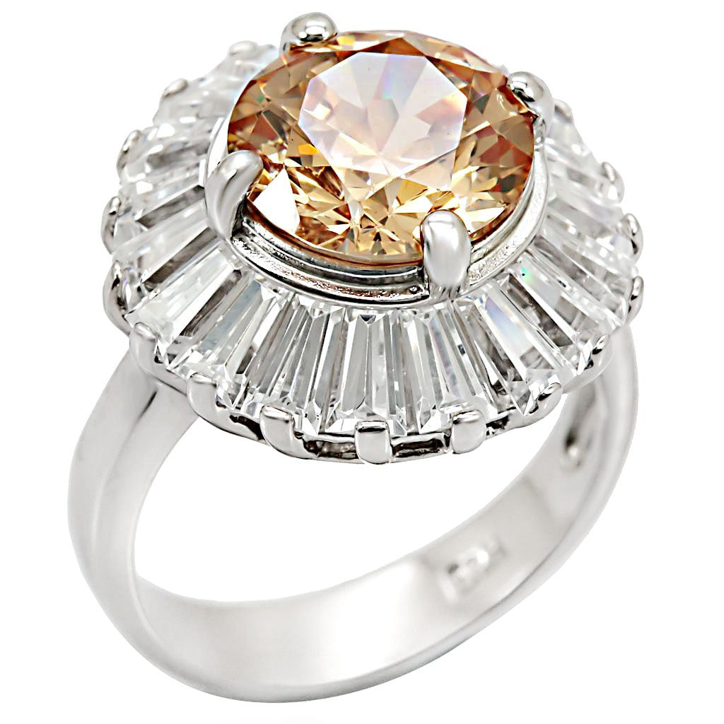 Rhodium 925 Sterling Silver Ring with AAA Grade CZ in Champagne