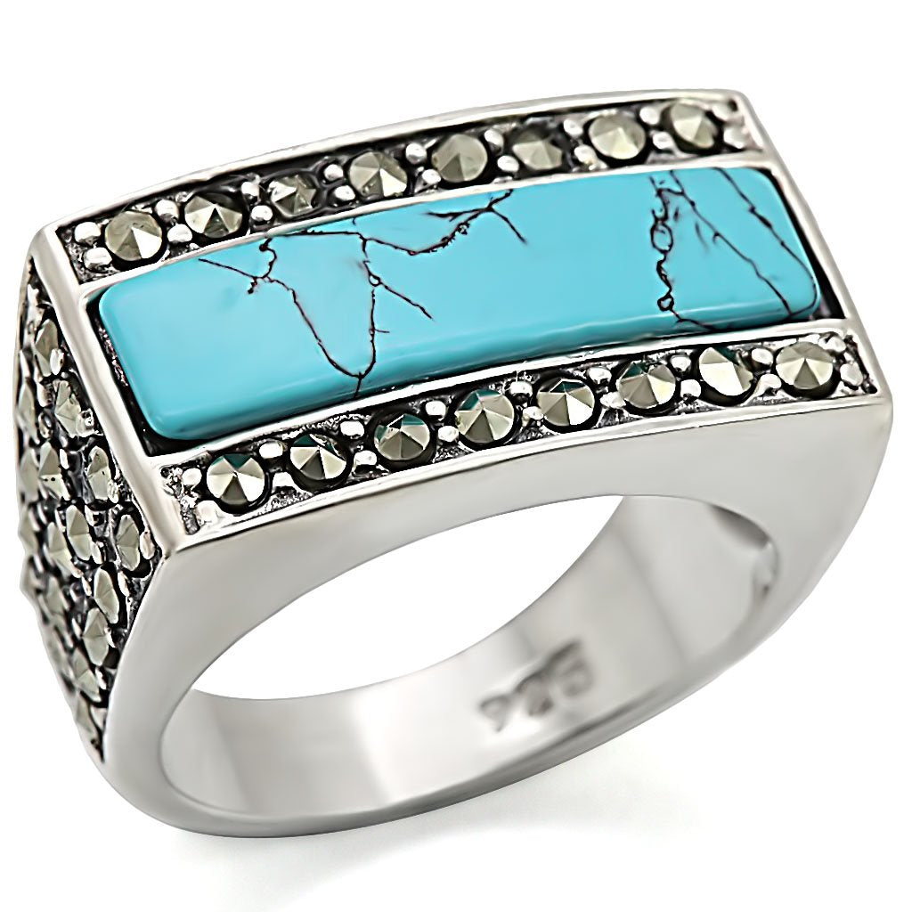 Antique Tone 925 Sterling Silver Ring with Synthetic Turquoise in Sea Blue